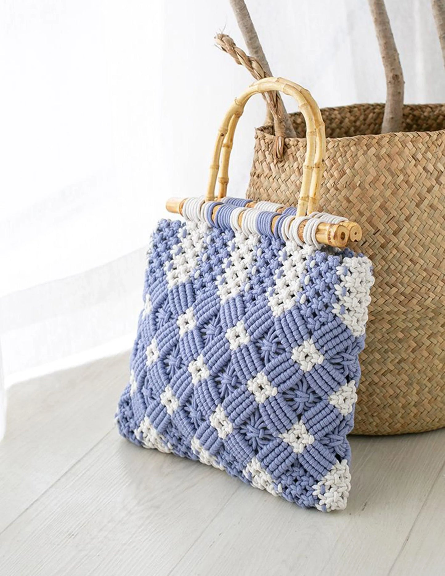 Bamboo Handle Two-Tone Woven Handbag - NuaVibe