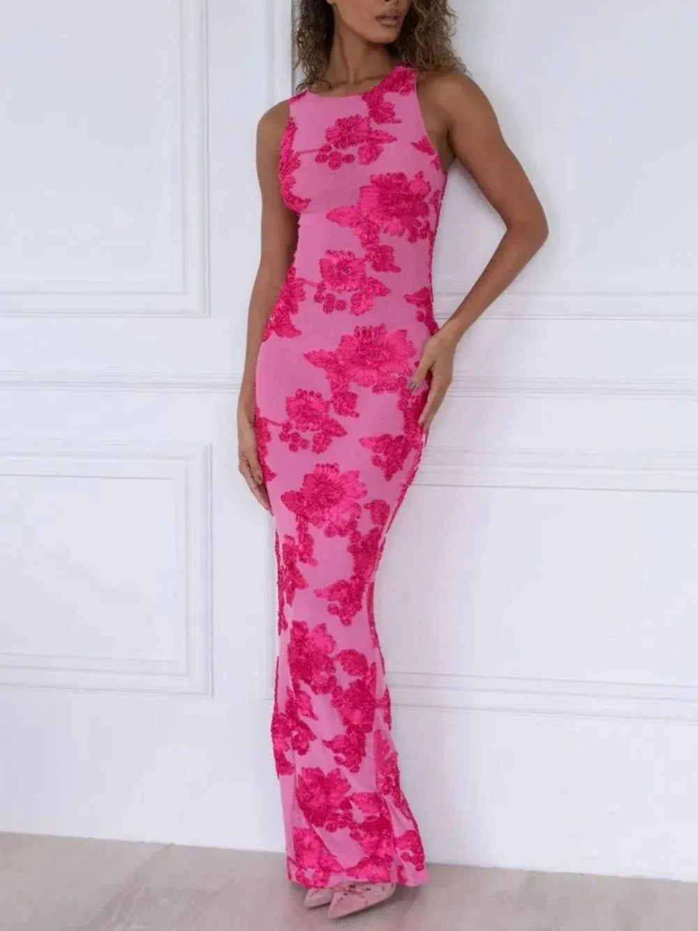 Floral Applique Mesh Maxi Dress - NuaVibe