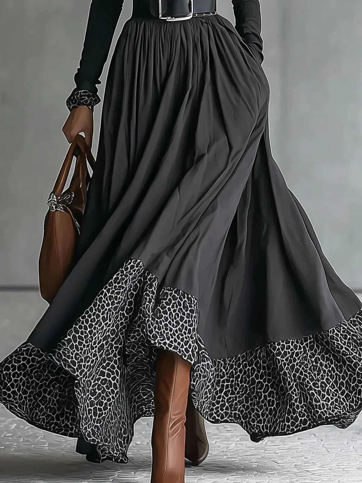 Black off-the-shoulder turtleneck dress with leopard print trim (including belt) - NuaVibe