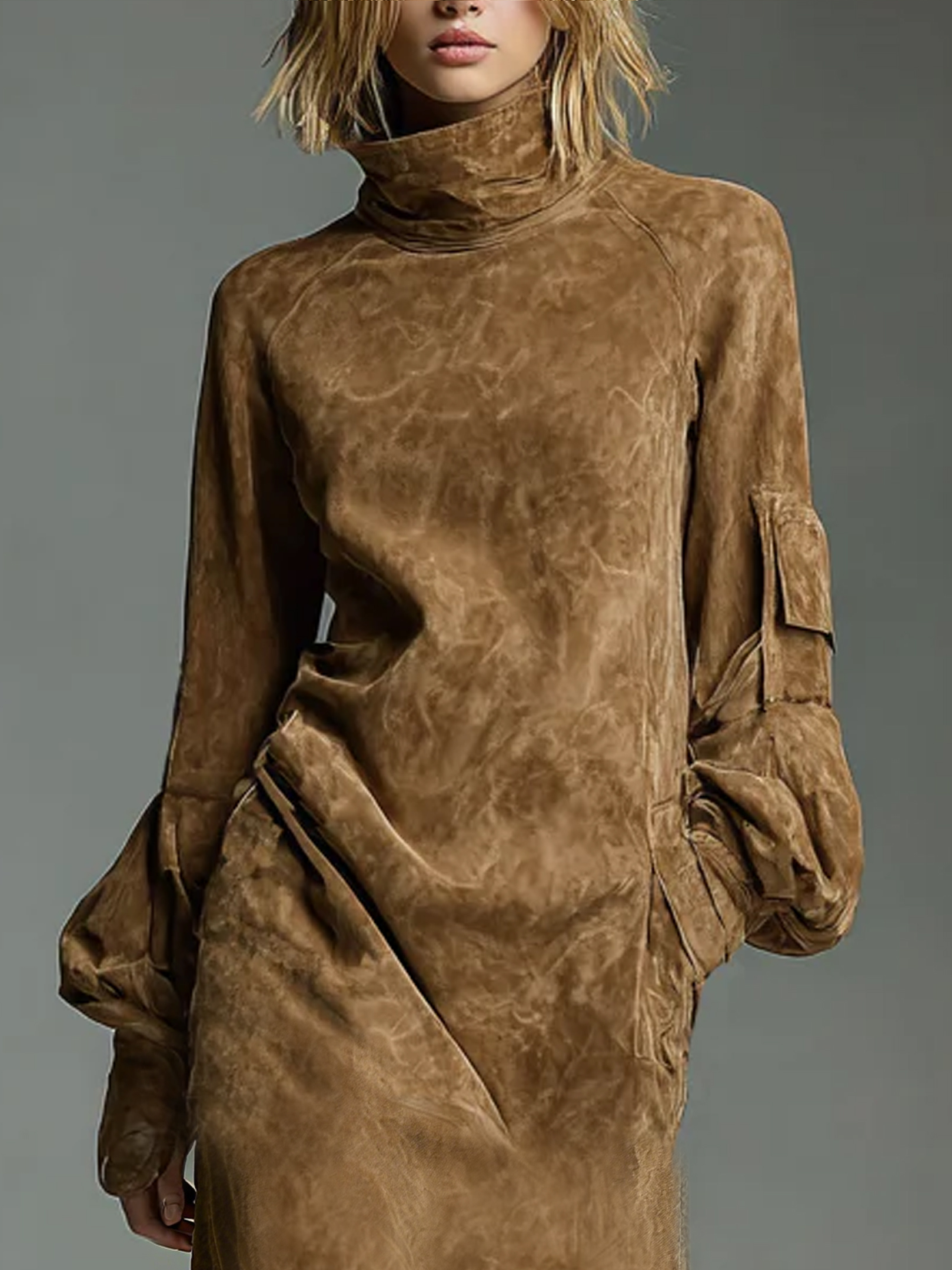 Loose Suede Turtleneck Pockets Midi Dress