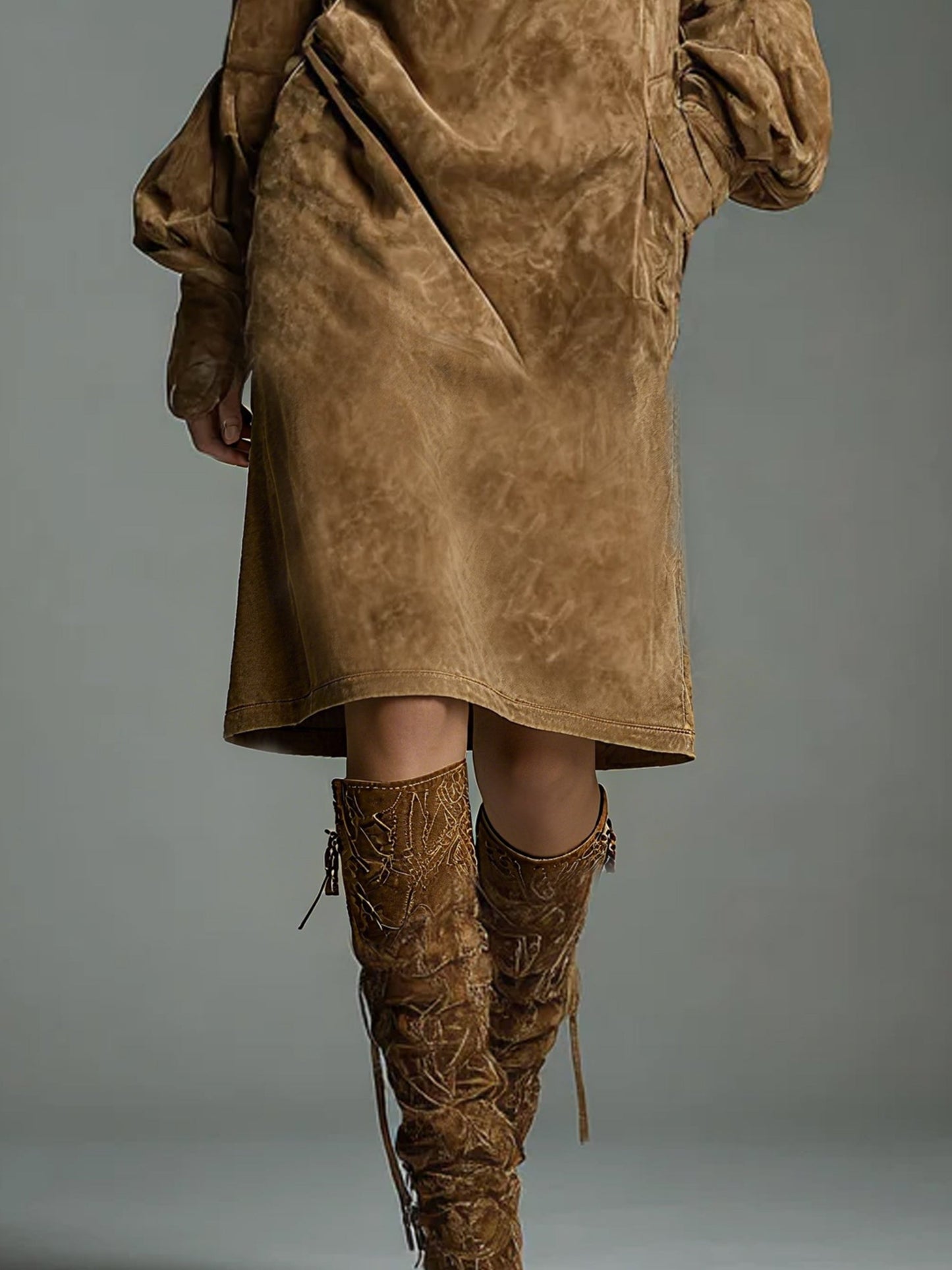 Loose Suede Turtleneck Pockets Midi Dress