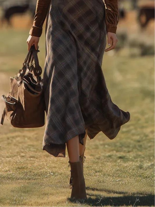 Chic Western Contrast Faux Suede Plaid Belted Maxi Dress(Includes belt)