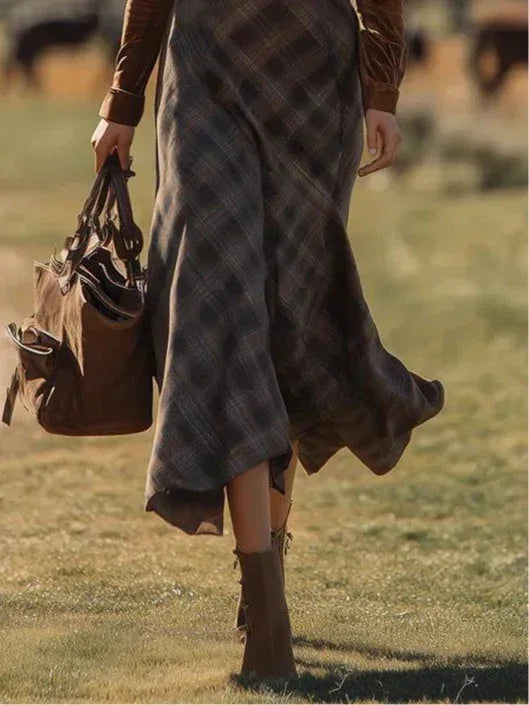 Chic Western Contrast Faux Suede Plaid Belted Maxi Dress(Includes belt) - NuaVibe