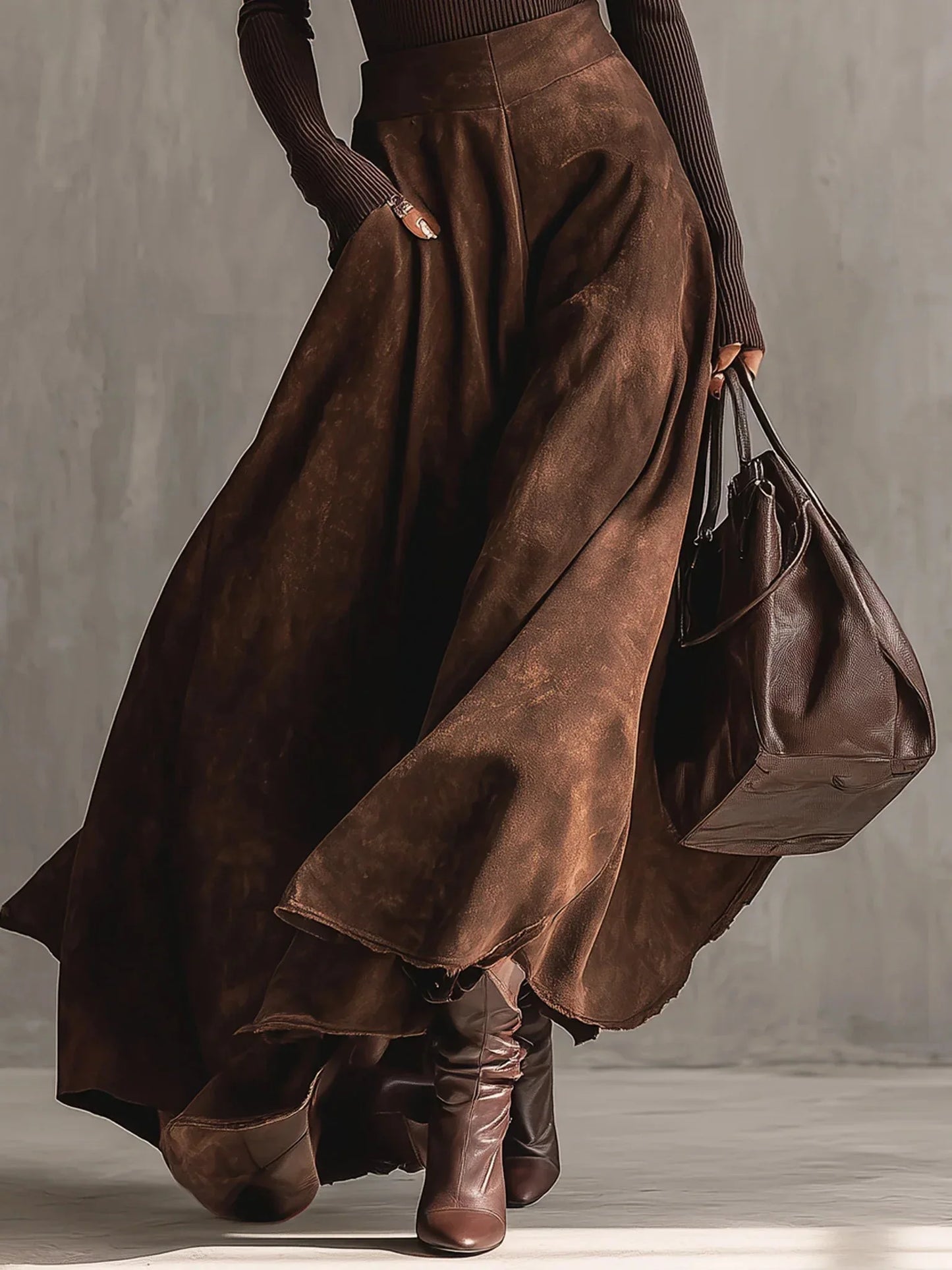 Coffee Distressed Suede Midi Skirt Set - NuaVibe