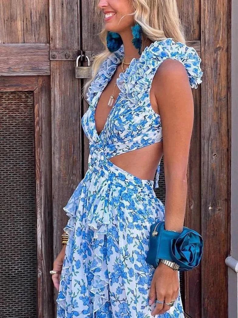 Deep V-neck Floral Hollow Maxi Dress - NuaVibe