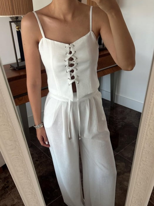 Linen Blend Tie Front Camisole Two-Piece Set