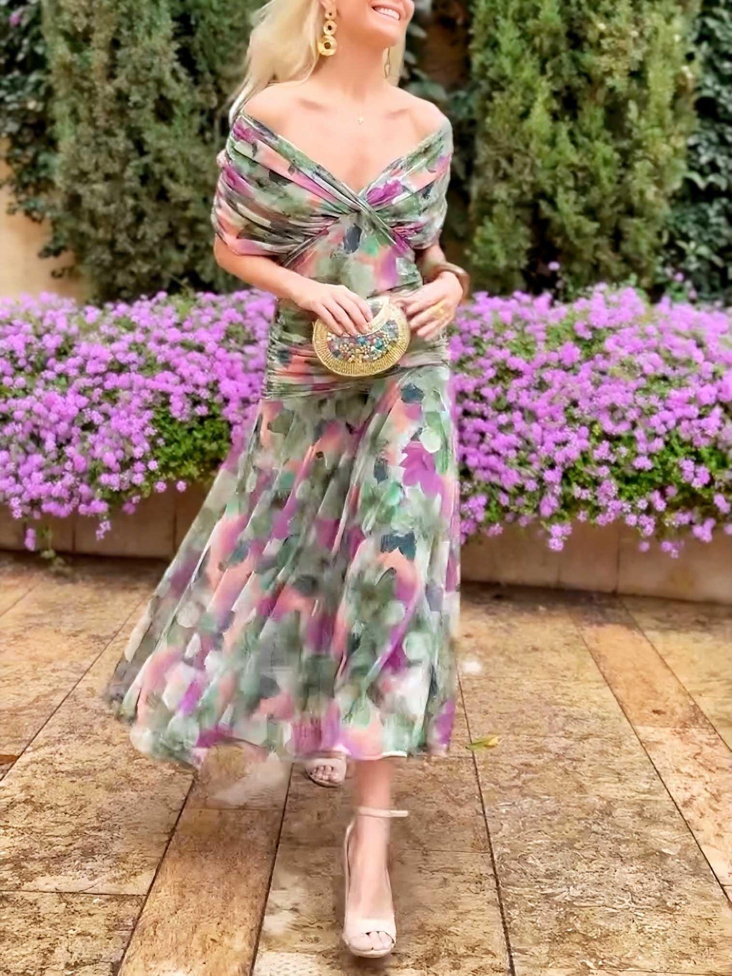 Elegant V-neck Fantasy Painted Floral Print Party Maxi Dress - NuaVibe
