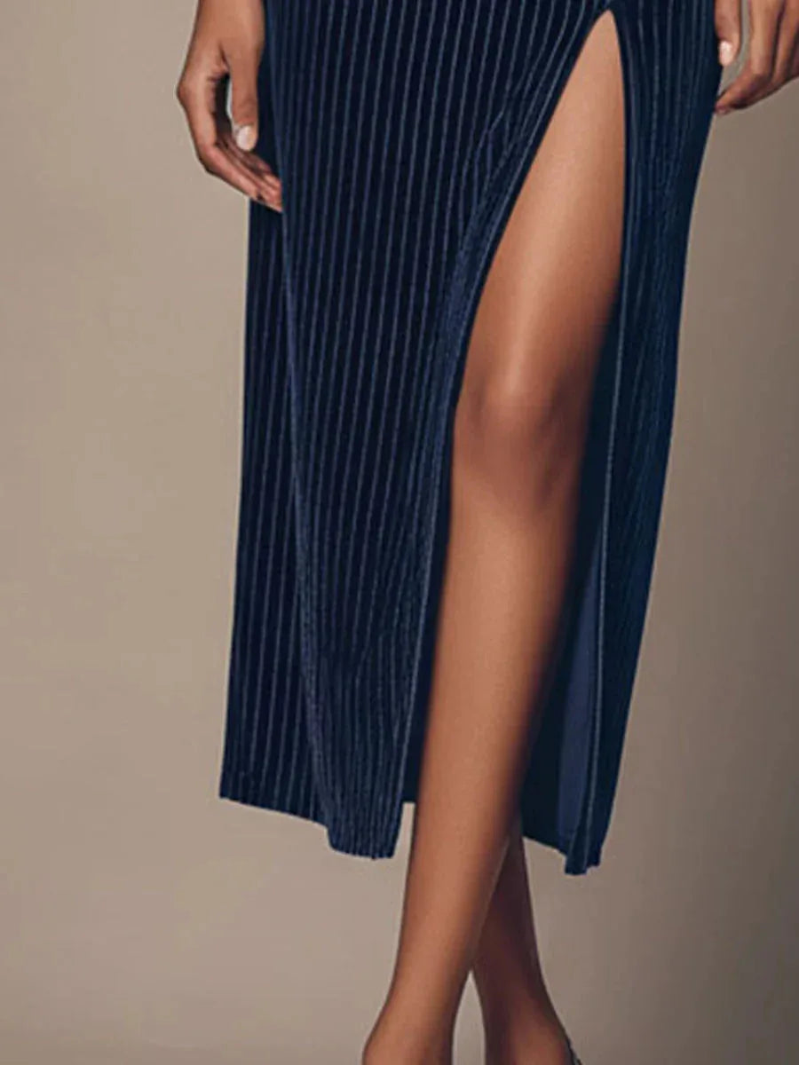 Elegant navy blue Velvet striped button-down slit set - NuaVibe