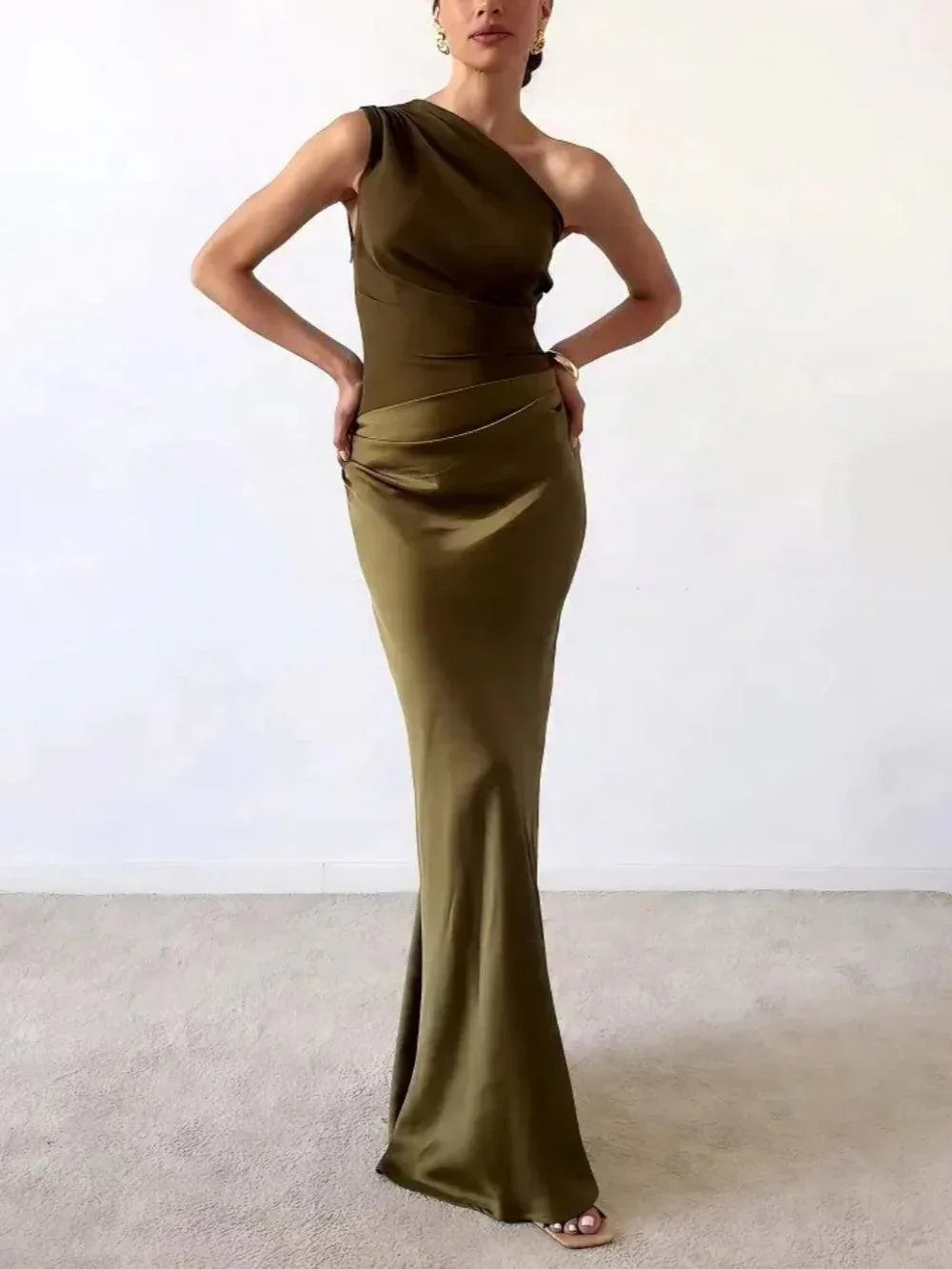 One Shoulder Neck Pleated Party Maxi Dress - NuaVibe