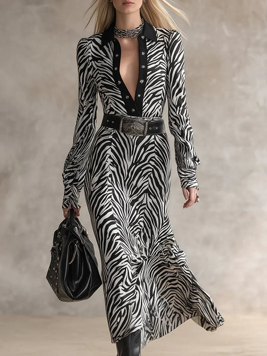 Urban Lapel Black Zebra Print Maxi Dress