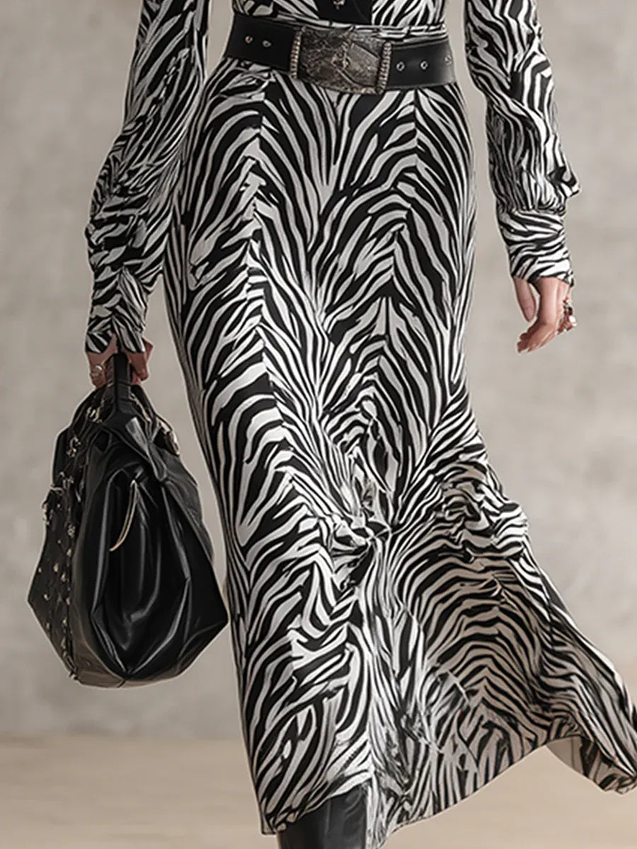 Urban Lapel Black Zebra Print Maxi Dress