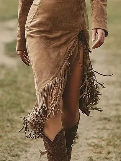 Suede Long-sleeved Irregular Tassel Hem Midi Dress - NuaVibe