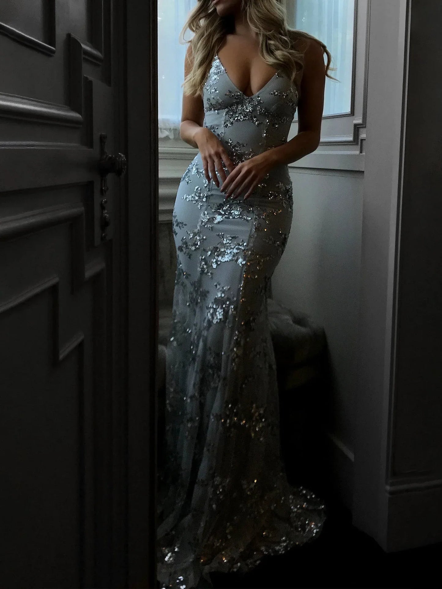 Sequin V-Neck Backless Maxi Dress - NuaVibe