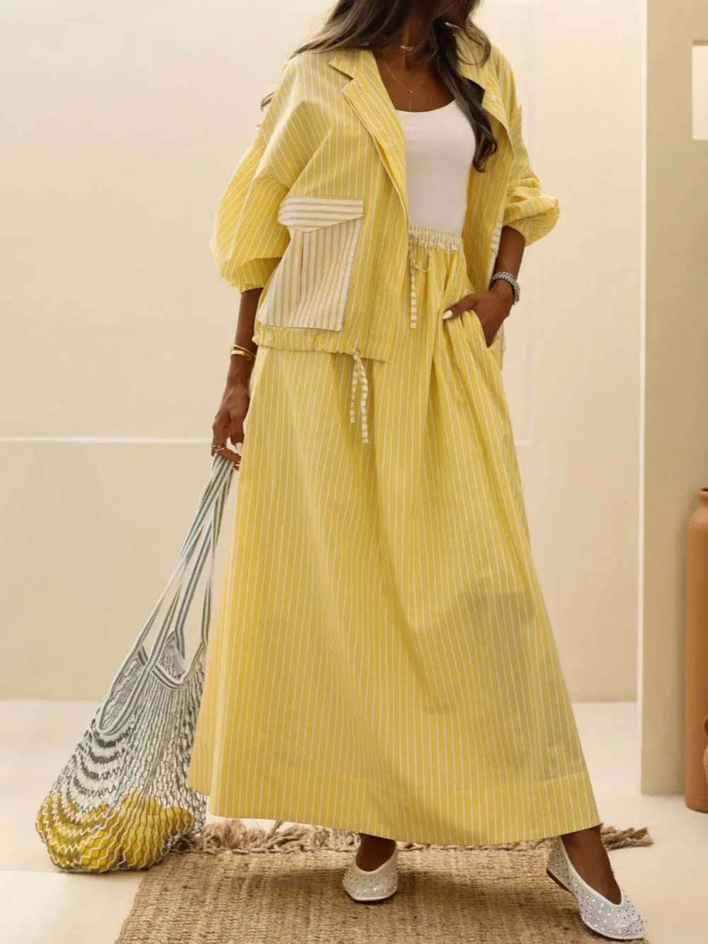 Yellow striped casual set - NuaVibe