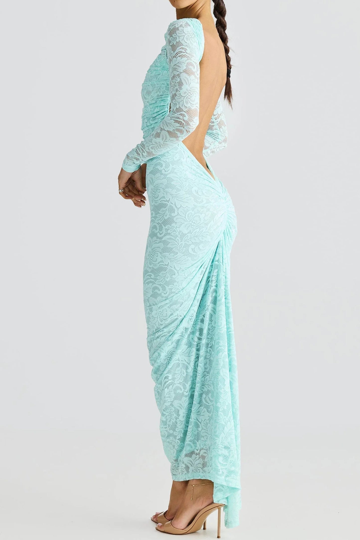 Hollowed Lace Long Sleeved Backless Maxi Dress - NuaVibe