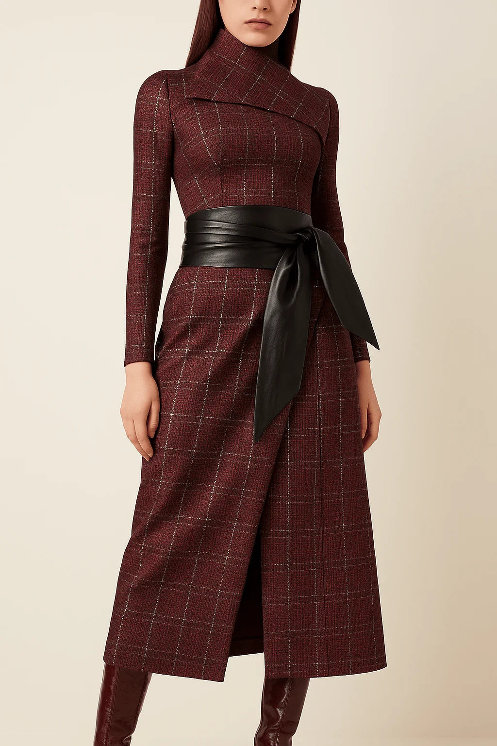 Asymmetrical Neckline Checkered Belt Dress