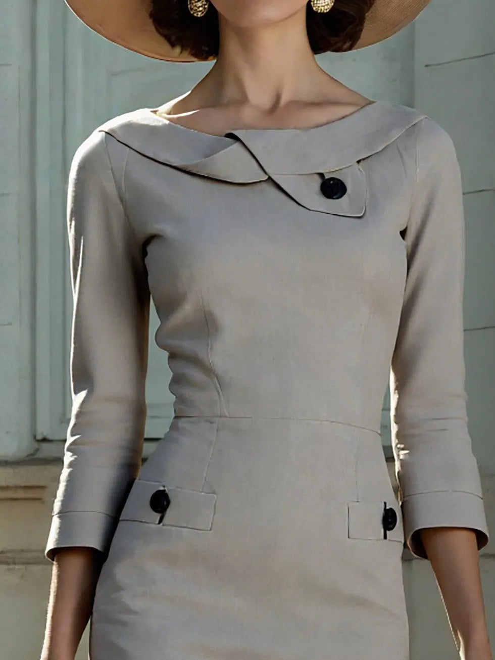 French retro round neck button design midi dress