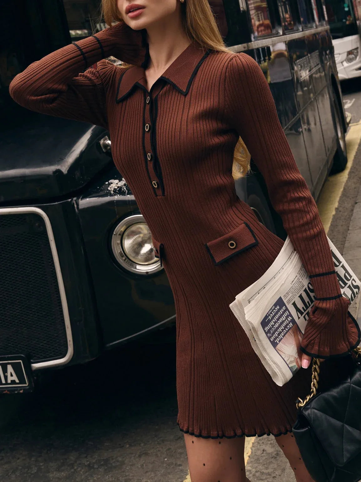 Contrast color Chanel style knitted elegant mini dress - NuaVibe