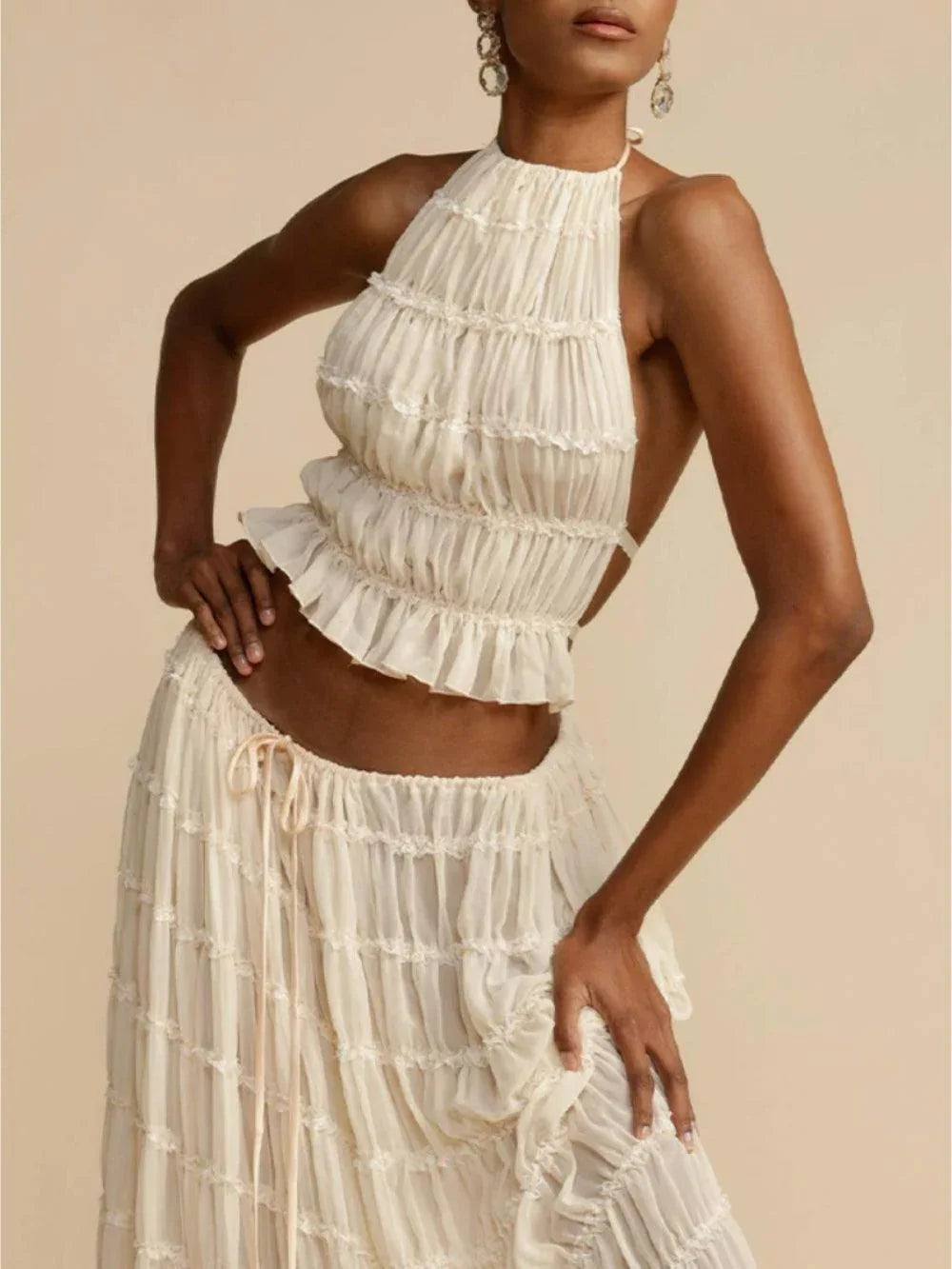 Pleated Drawstring Charm Waist Tiered Maxi Skirt Suit - NuaVibe