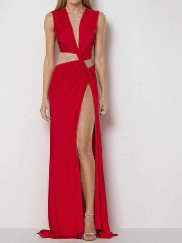 Hollow Knot Slit V Neck Sleeveless Pleated Irregular Dress - NuaVibe