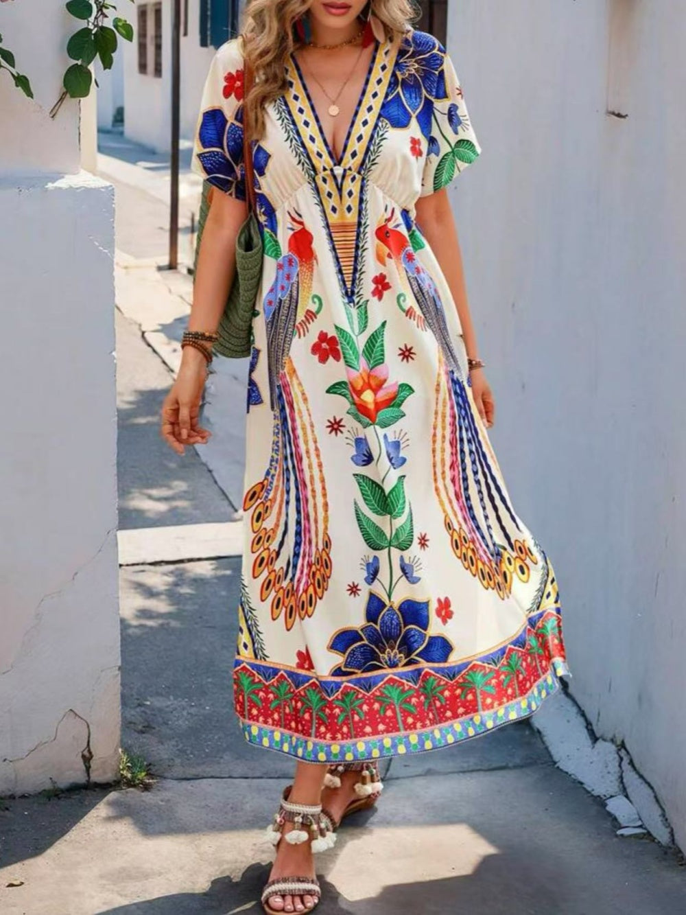V-neck printed loose short-sleeved maxi dress