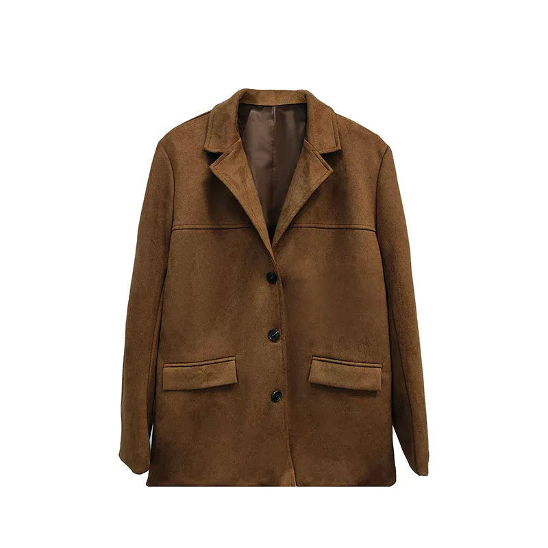Retro Brown Faux Suede Loose-fitting Pocket Suit Jacket - NuaVibe