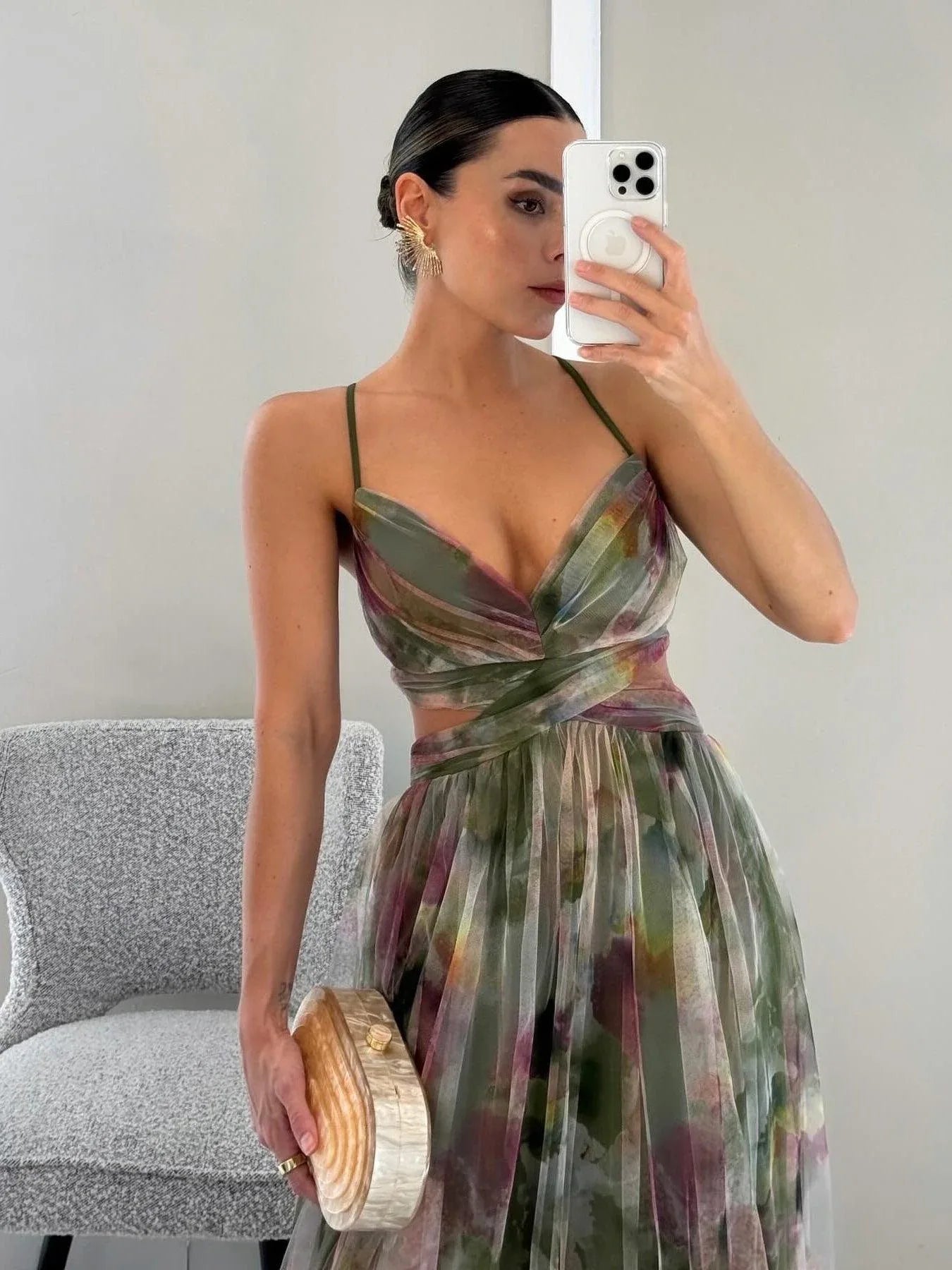 Elegant Painted Floral Print V-Neck A-Line Maxi Dress - NuaVibe