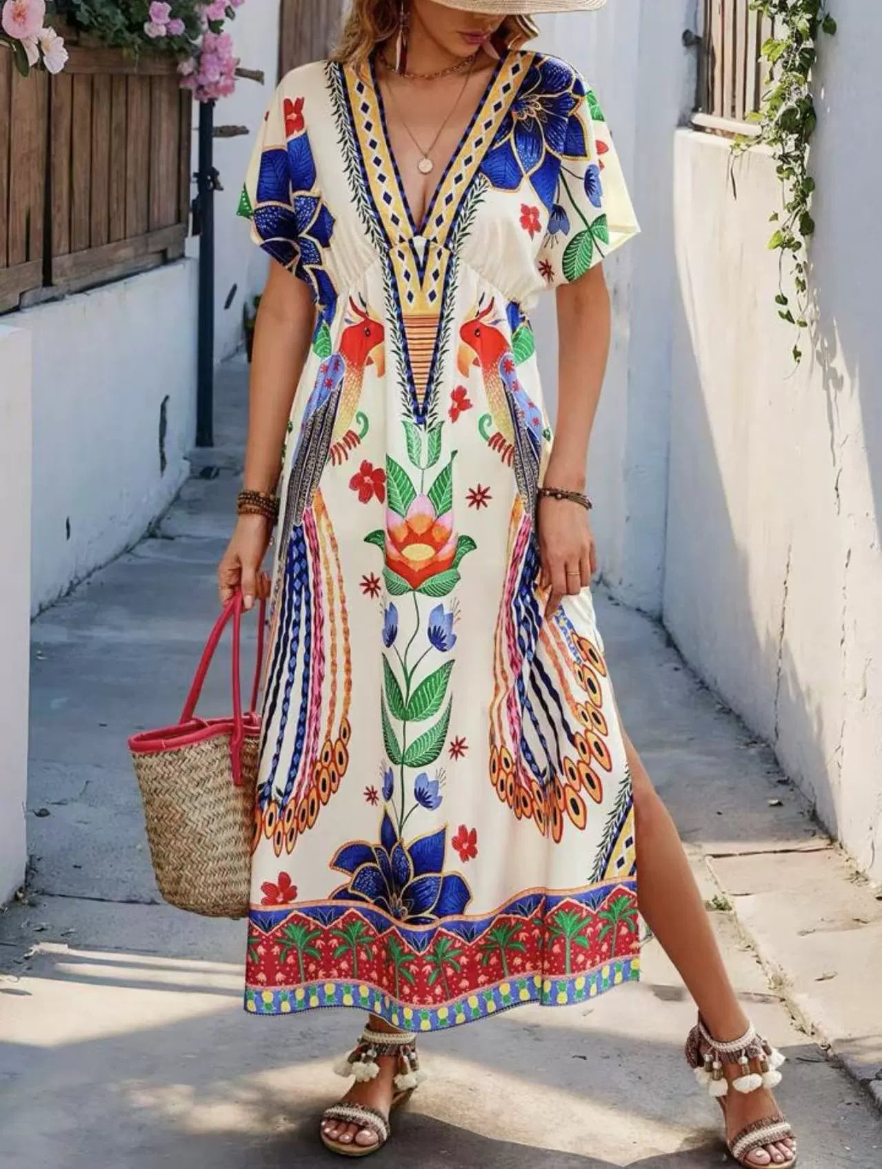 V-neck printed loose short-sleeved maxi dress