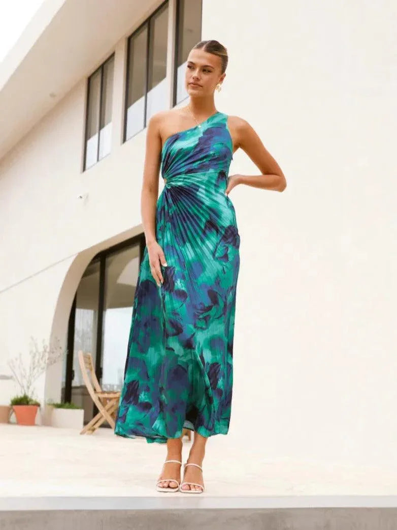 Off-shoulder sleeveless one-shoulder printed pleated dress - NuaVibe