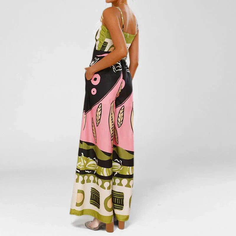Printed waist-hugging elegant suspender wide-leg straight jumpsuit - NuaVibe