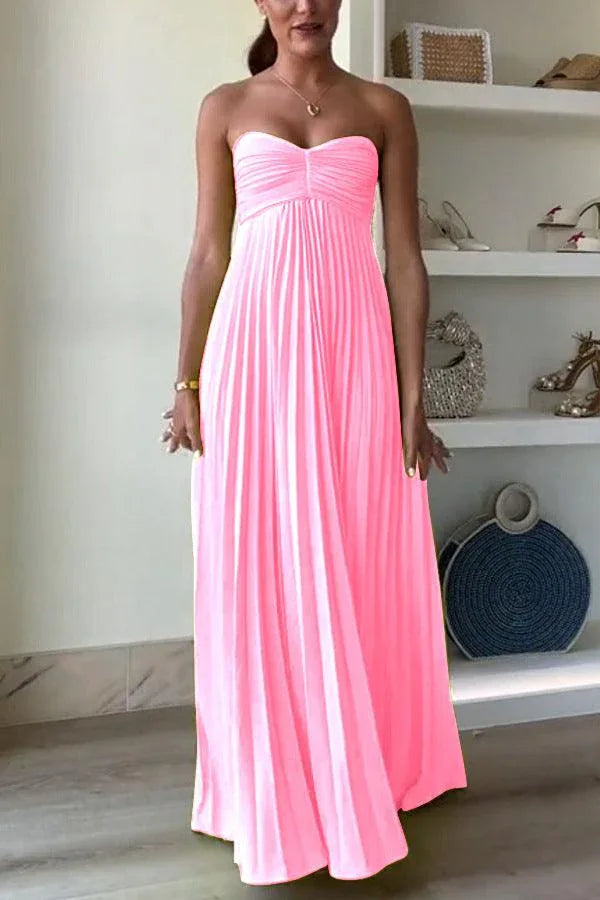 Solid color tube top pleated ribbon dress - NuaVibe