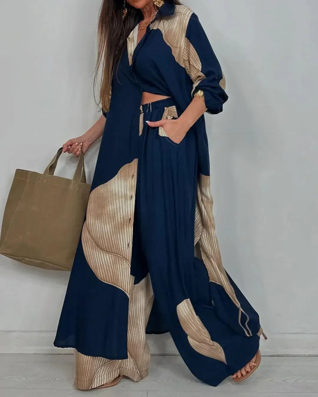 Women's V-neck Patchwork Top and Pants Casual Set - NuaVibe