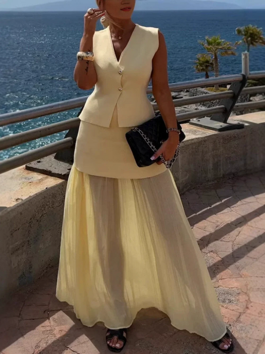 Knitted vest tulle patchwork pleated long skirt suit