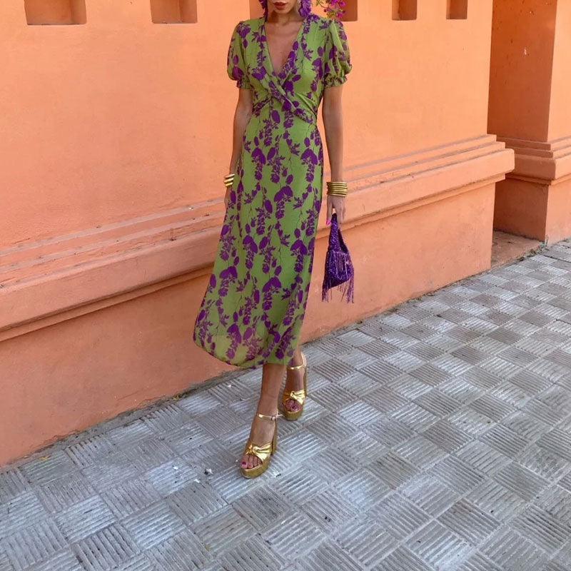 Printed long dress elegant slim v-neck short sleeve dress - NuaVibe