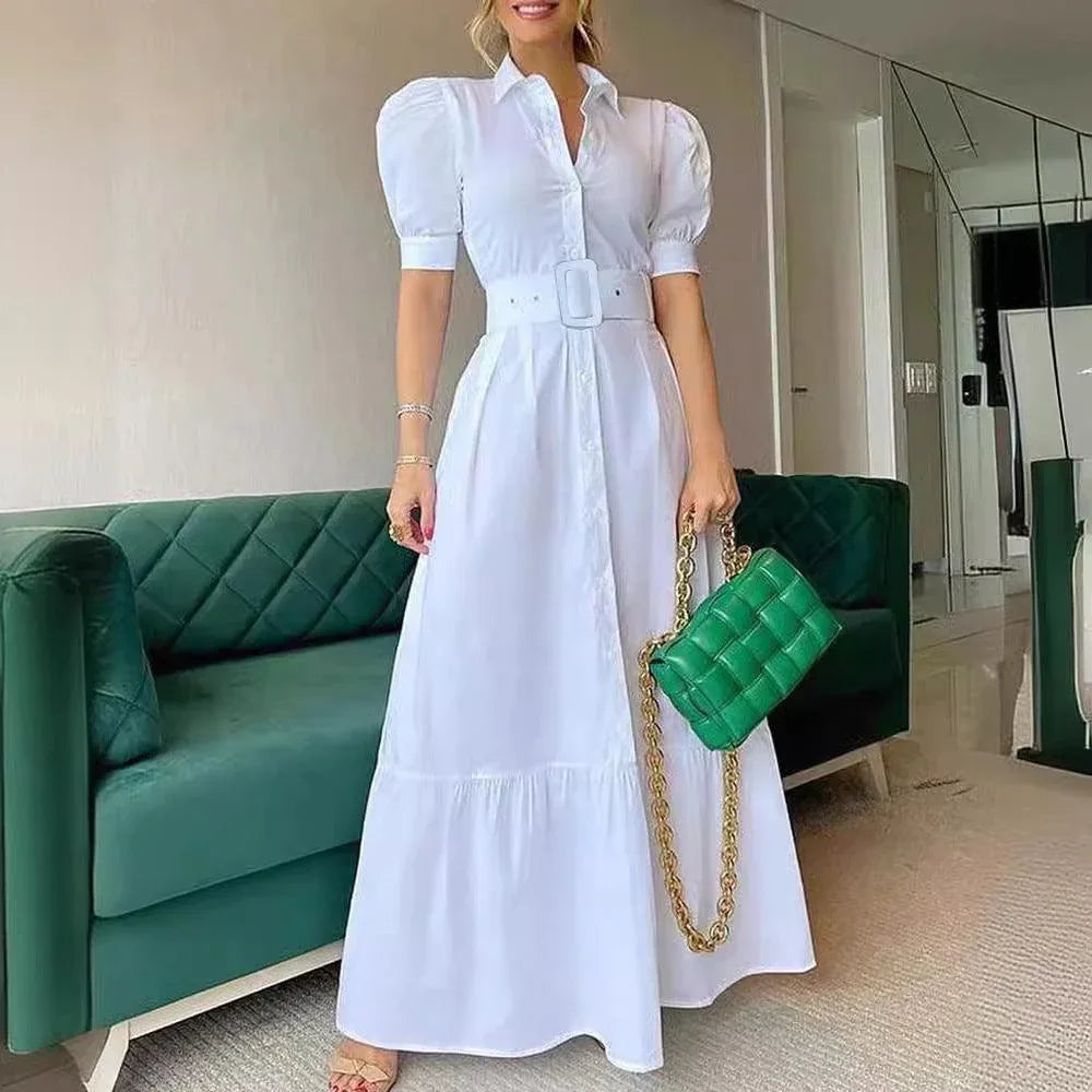 Temperament commuting long short-sleeved swing dress with belt - NuaVibe