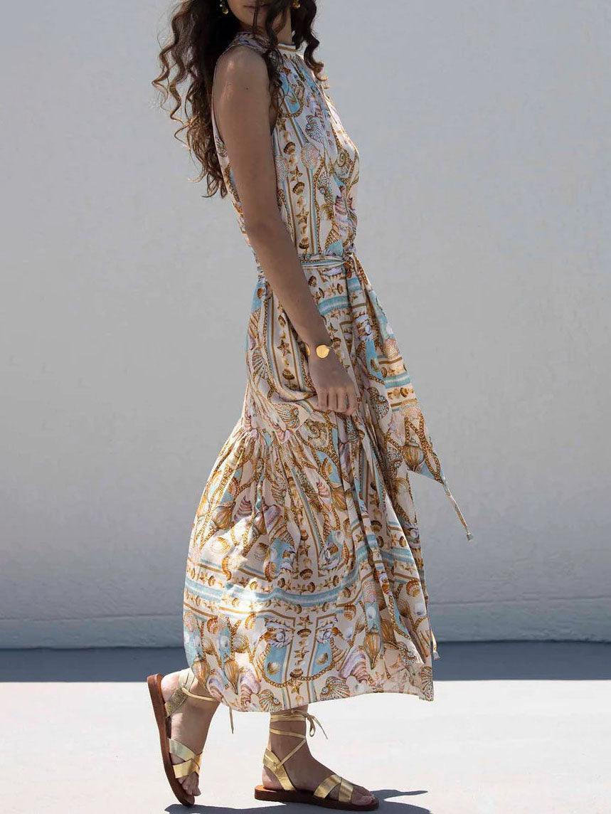 Exquisite Satin Ocean Treasure Print Maxi Dress - NuaVibe