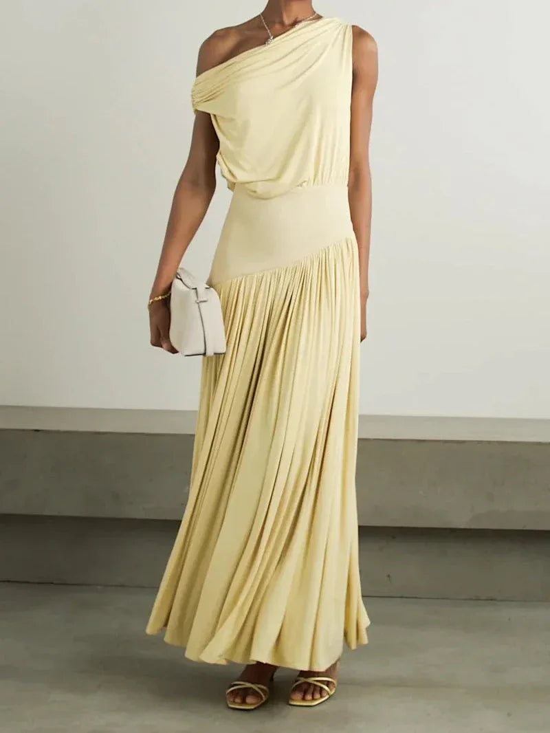 Elegant off-the-shoulder long dress with slanted neckline - NuaVibe