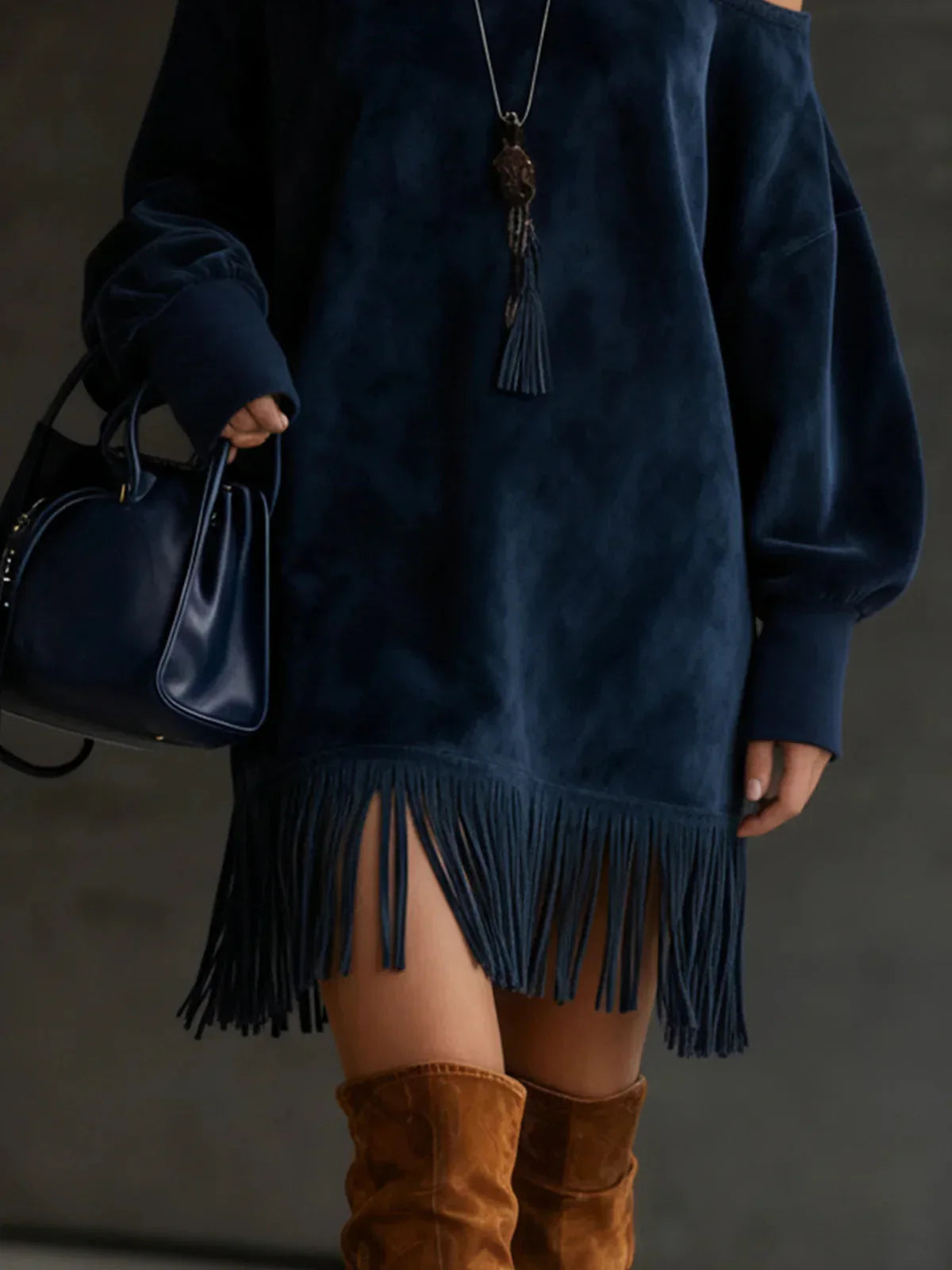 Off-Shoulder Navy Faux Suede Dress With Fringe Hem - NuaVibe