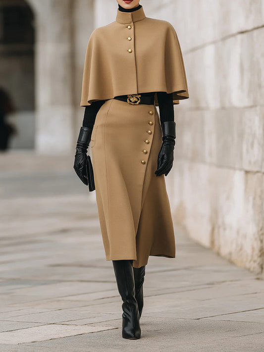 Old Money Style Camel Cape and Skirt Set (Belt Not Included)