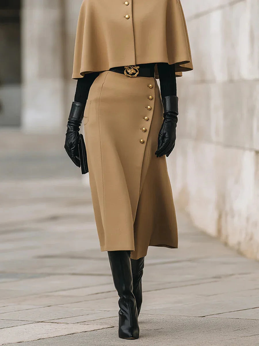 Old Money Style Camel Cape and Skirt Set (Belt Not Included) - NuaVibe