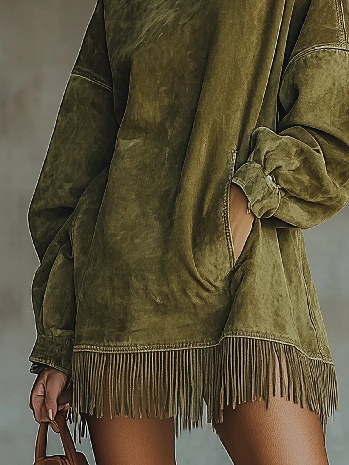 Faux Suede Turtleneck Dress With Fringe Hem - NuaVibe