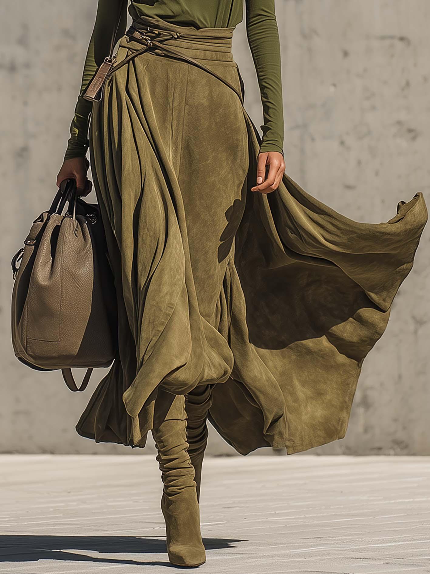 Olive Green Stretch Turtleneck Top And Faux Suede Maxi Skirt Set(Includes belt) - NuaVibe