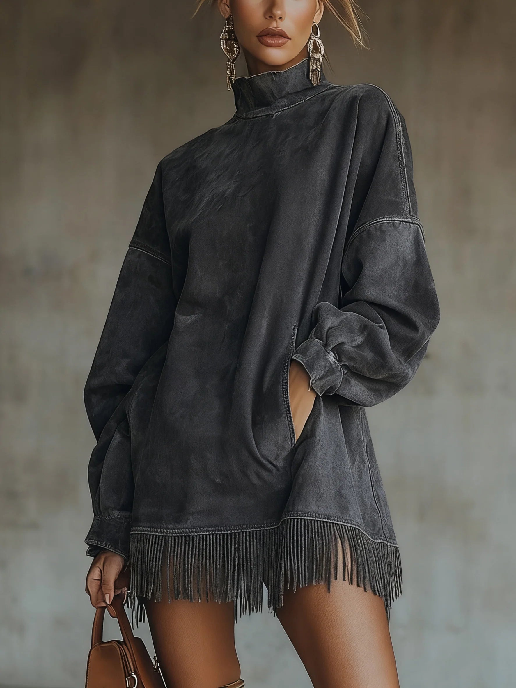 Faux Suede Turtleneck Dress With Fringe Hem