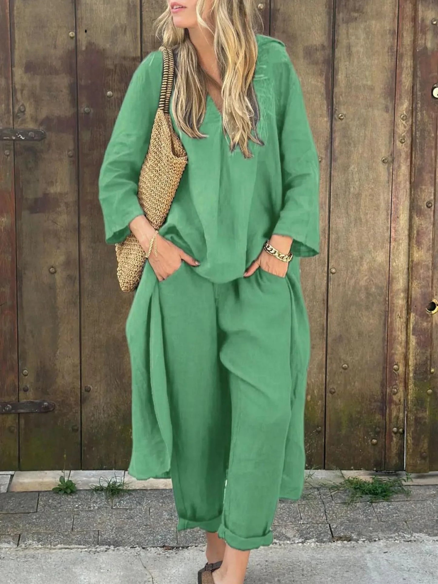 Linen Irregular Loose V-neck Top and High-Waisted Pocket Wide-leg Pants Set - NuaVibe