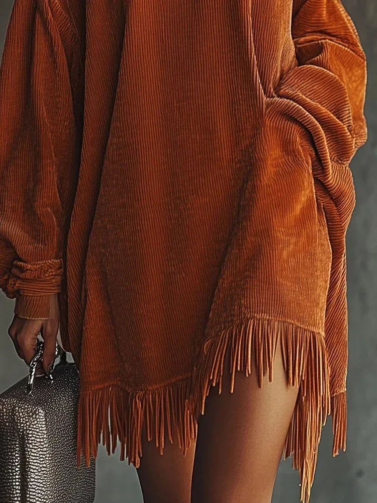 Orange corduroy loose tassel hem high collar dress - NuaVibe