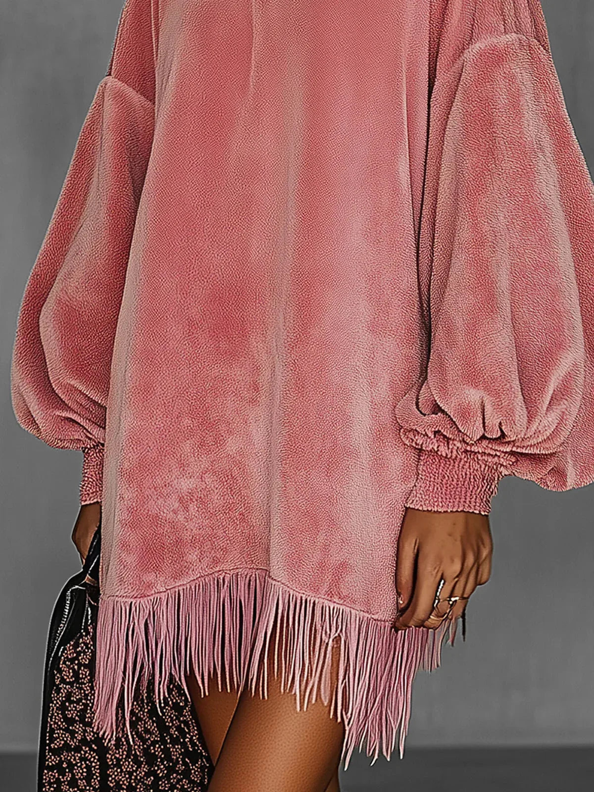 Oversized Pink Fringe Crew Neck Velvet Dress - NuaVibe