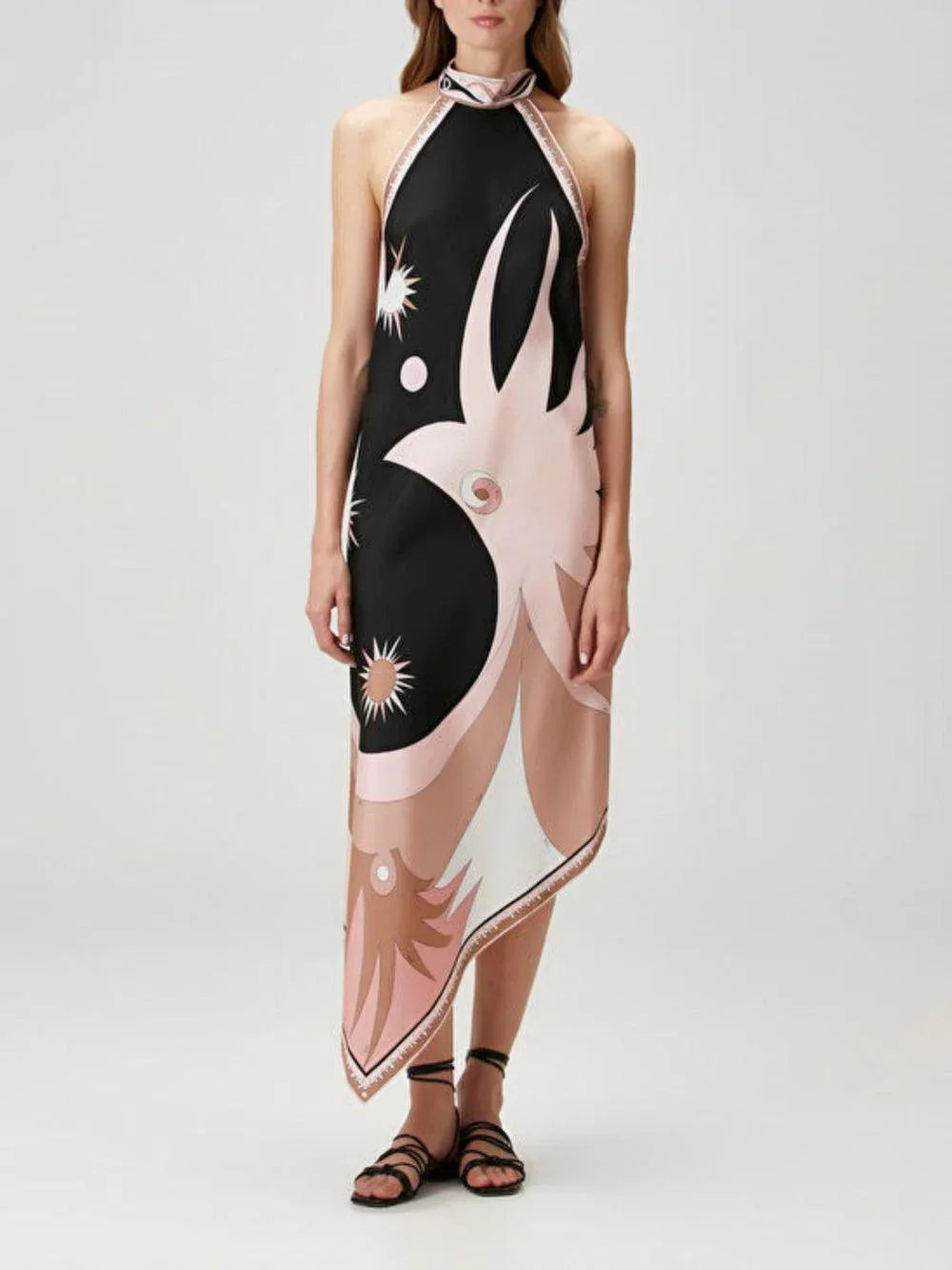 Halter Neck Printed Satin Midi Dress - NuaVibe