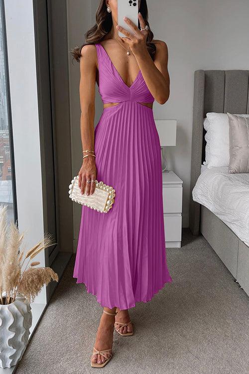 V Neck Cut Out Waist Sleeveless Pleated Maxi Dress - NuaVibe