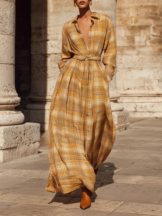 Retro Bohemian Fine Plaid Print Maxi Dress With Belt