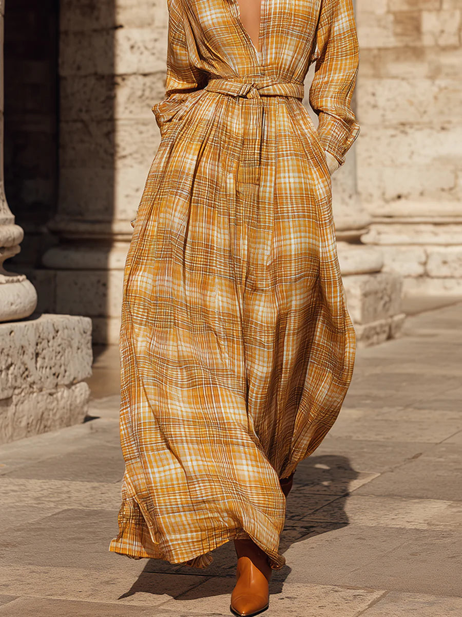 Retro Bohemian Fine Plaid Print Maxi Dress With Belt